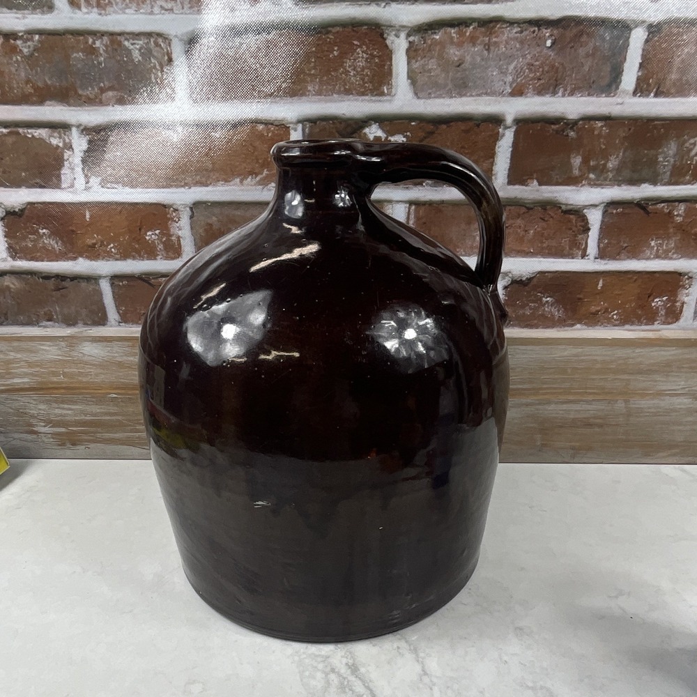 Primitive Brown Glazed Stoneware Jug Crock w/ Handle, 12" Tall Small